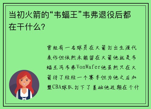 当初火箭的“韦蝠王”韦弗退役后都在干什么？